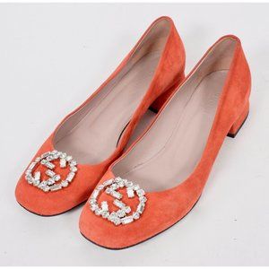 GUCCI 38.5 8.5 loafer interlocking GG buckle suede orange rhinestone shoes pumps